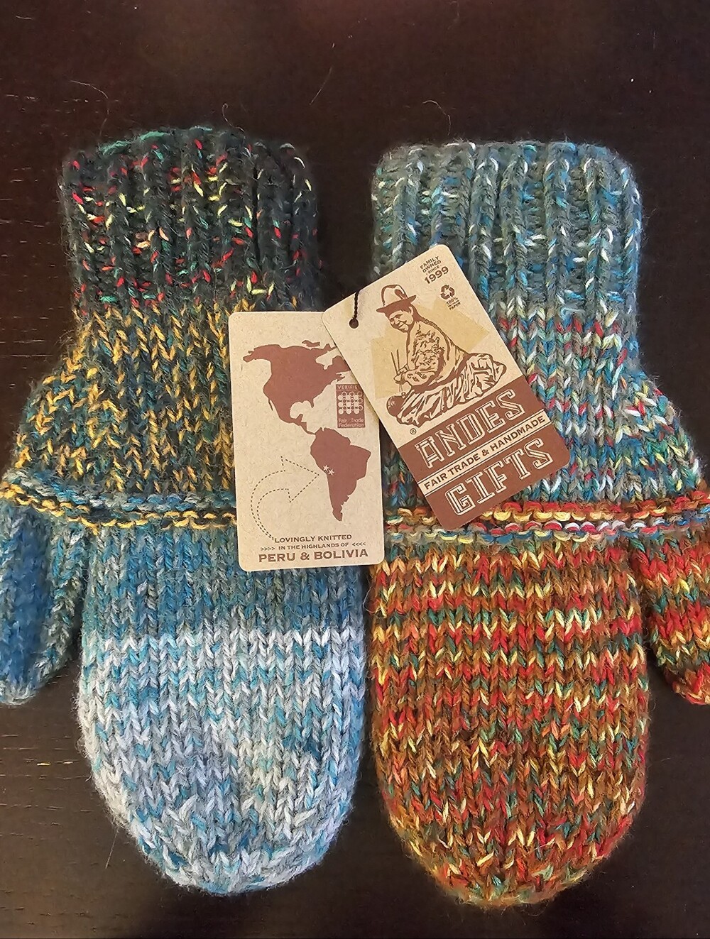 Andes Gifts Handmade Multi-Color Fleece Lined Mittens NWT